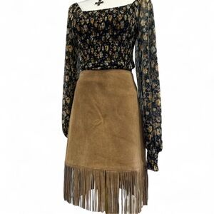 Suede Fringed Skirt Vintage |Passport| Camel Tan Brown Waist 30